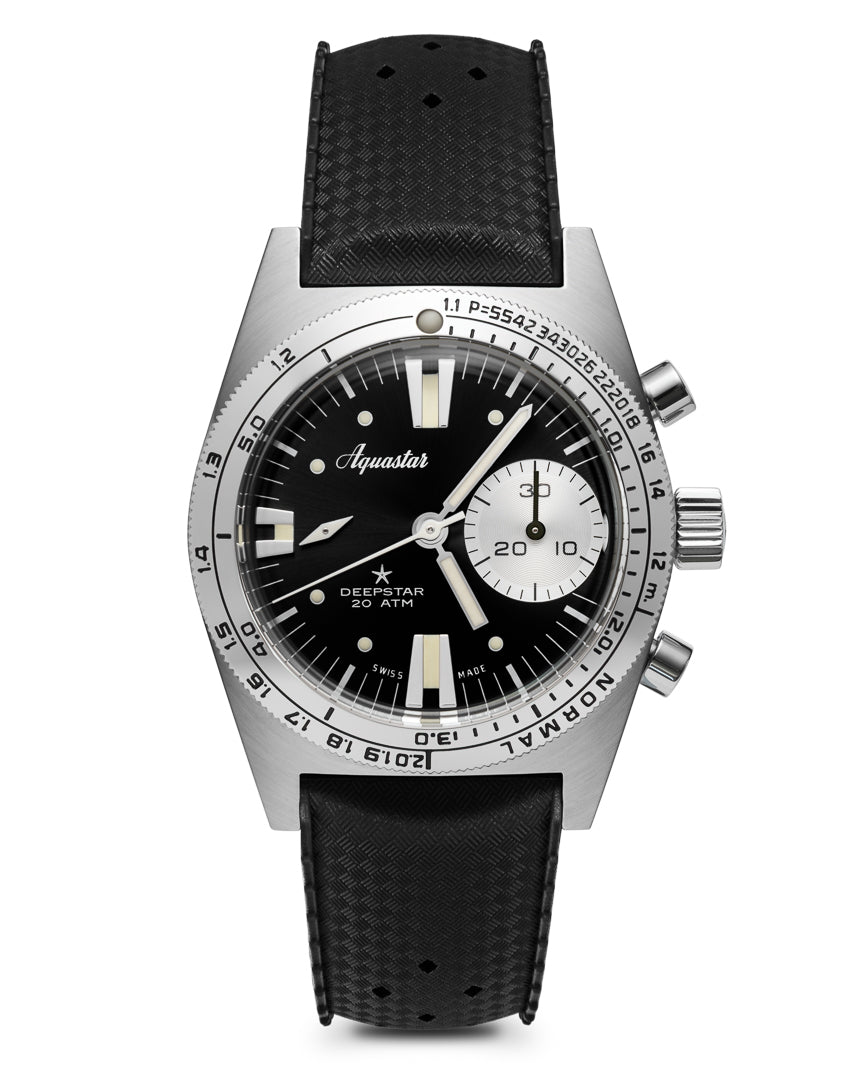 Aquastar Deepstar 39mm Chronograph Vintage Black Watch Rubber DS39-TRO VB Image 1
