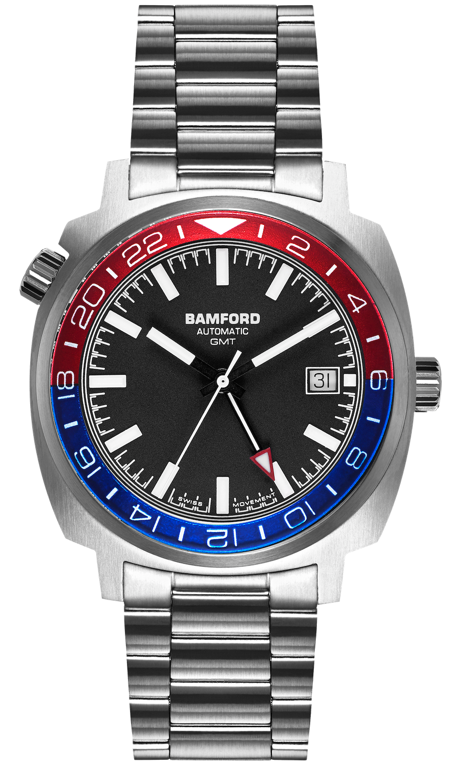 Bamford Watch GMT Steel Red Blue Nightowl GMT-SS-RD-BLU-NIGHTOWL