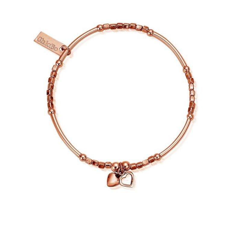 ChloBo Sterling Silver Rose Gold Plated Mini Noodle Cube Double Hearts Bracelet CBO-018 Image 1