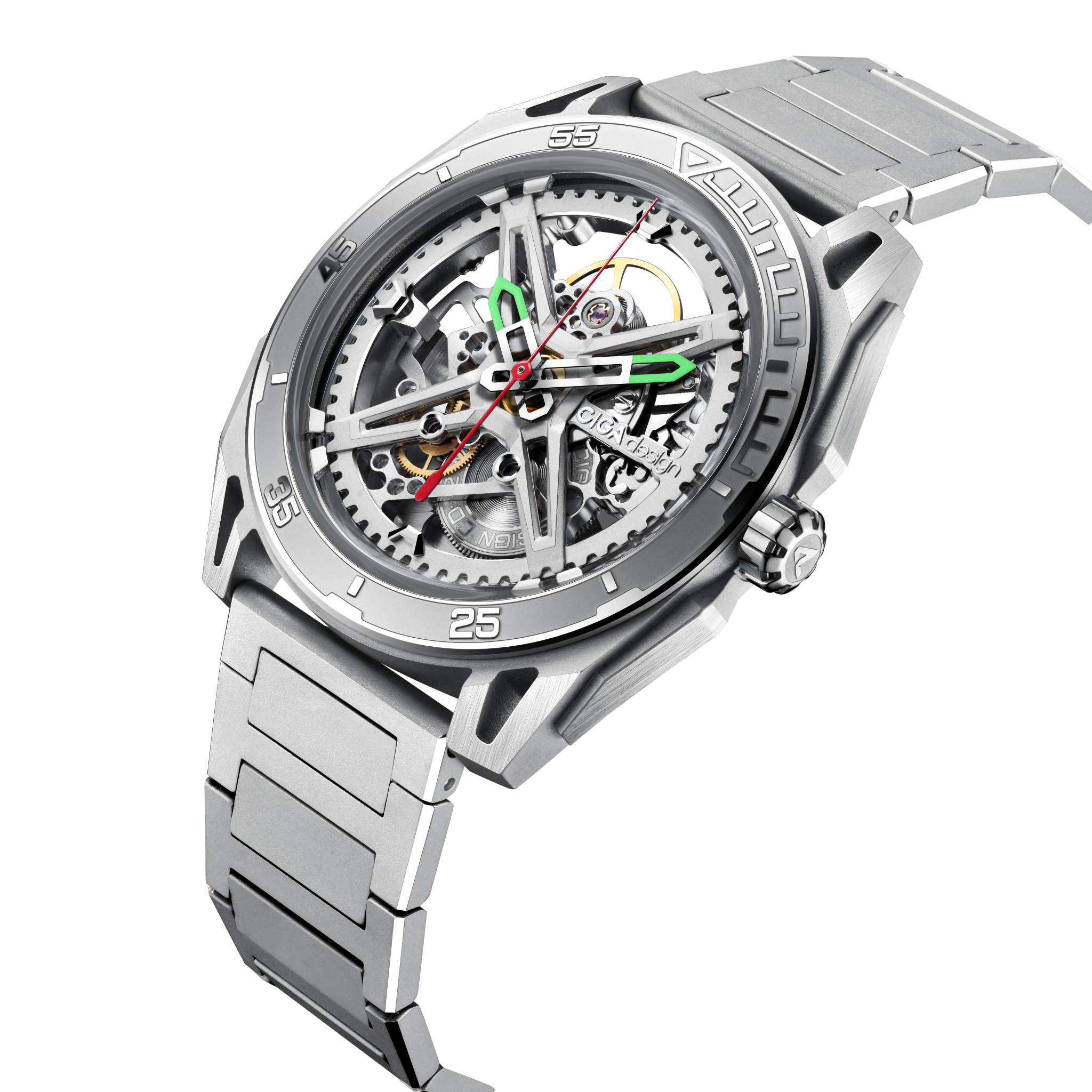 CIGA Design Falcon Round Automatic Skeleton Watch with silver steel bracelet and skeleton dial angled front view