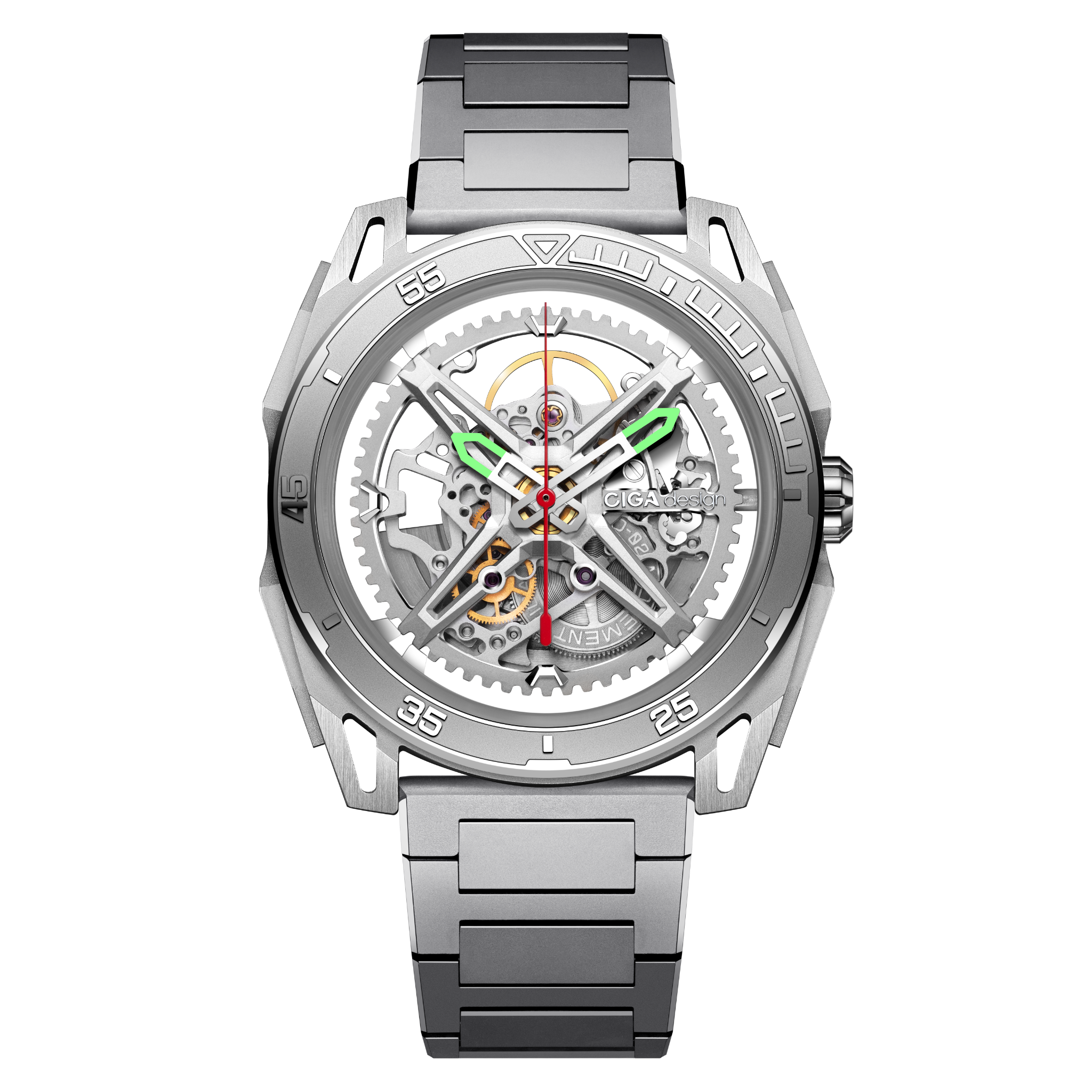 CIGA Design Falcon Round Automatic Skeleton Watch front dial view with skeleton automatic movement and silver steel bracelet