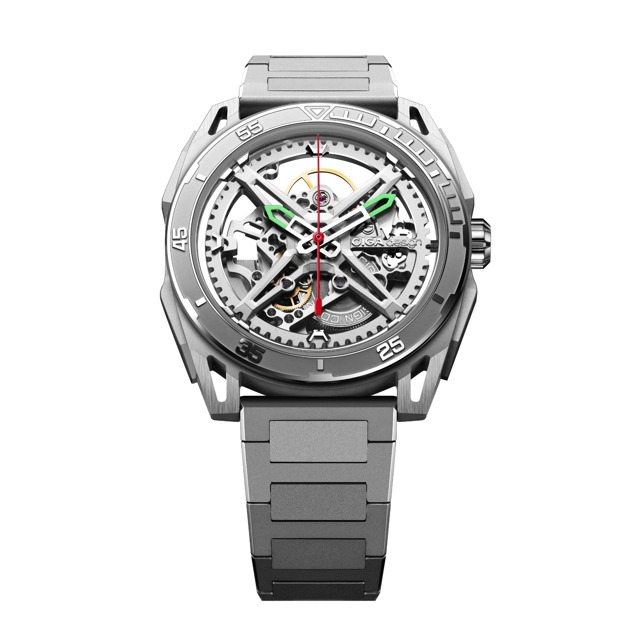 CIGA Design Falcon Round Automatic Skeleton Watch full frontal view featuring skeleton dial and integrated silver steel bracelet
