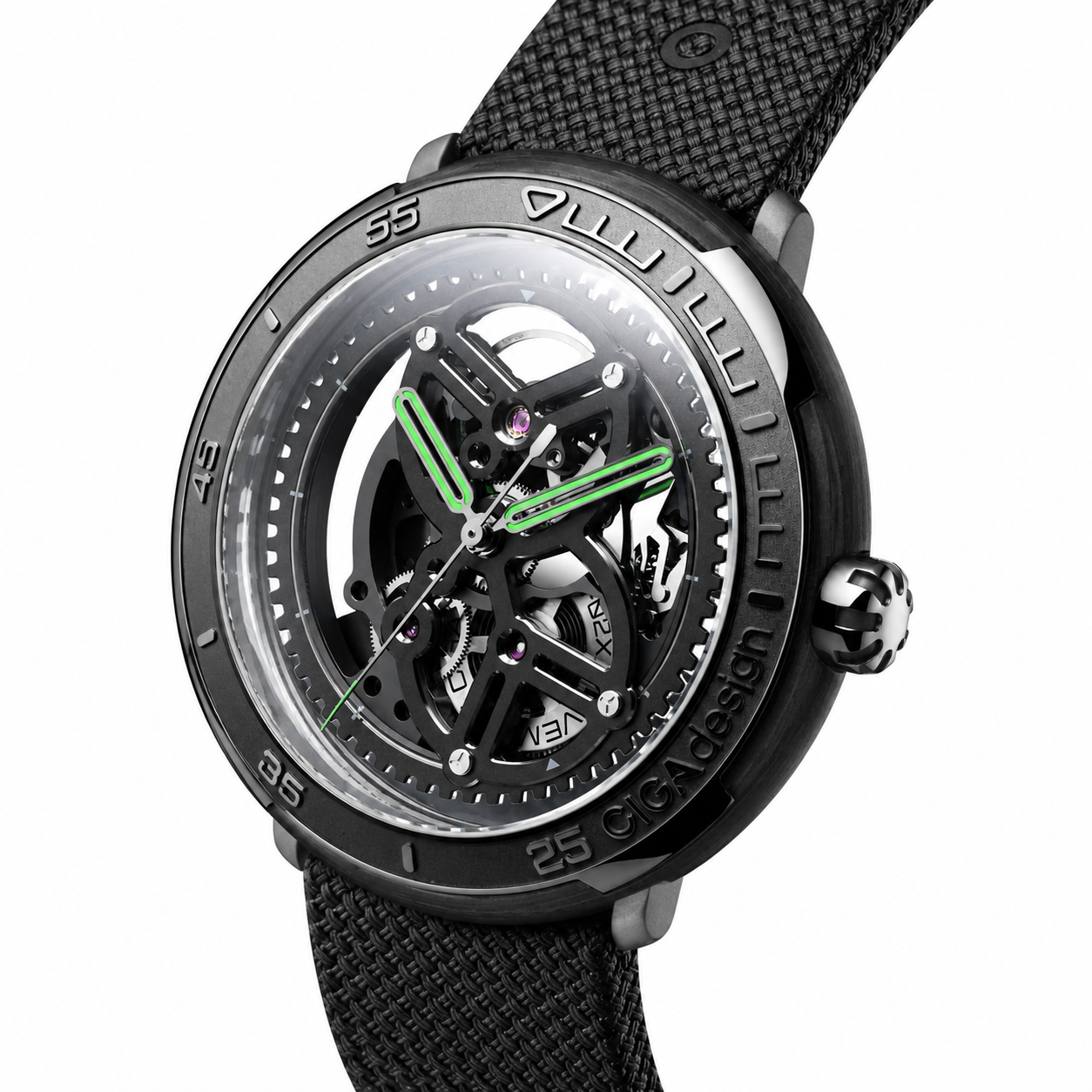 CIGA Design Vector Carbon skeleton automatic watch full product perspective view with carbon fibre strap and titanium case
