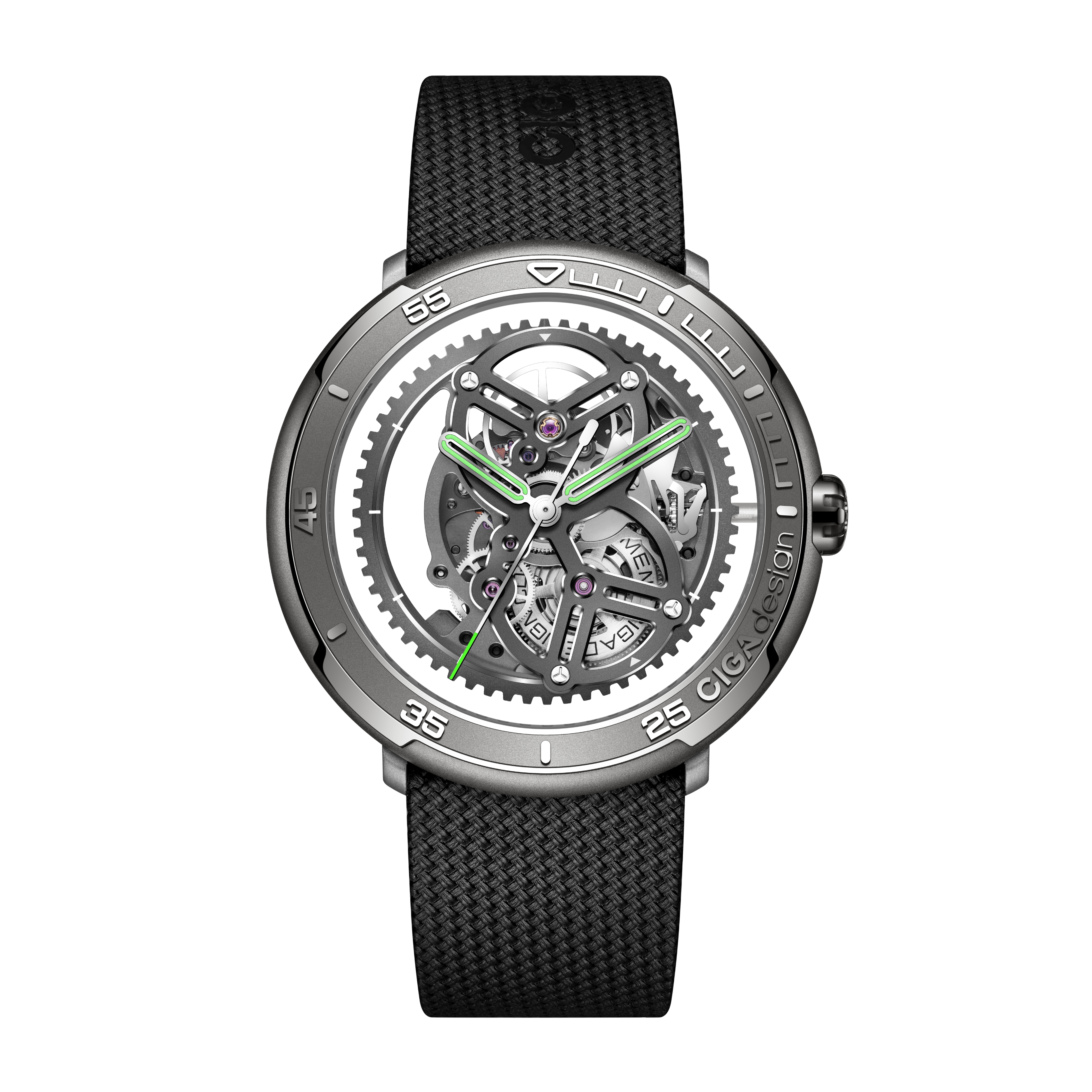 CIGA Design Vector Carbon Titanium Edition skeleton automatic watch front dial view featuring titanium case, exposed mechanical movement and black woven rubber strap