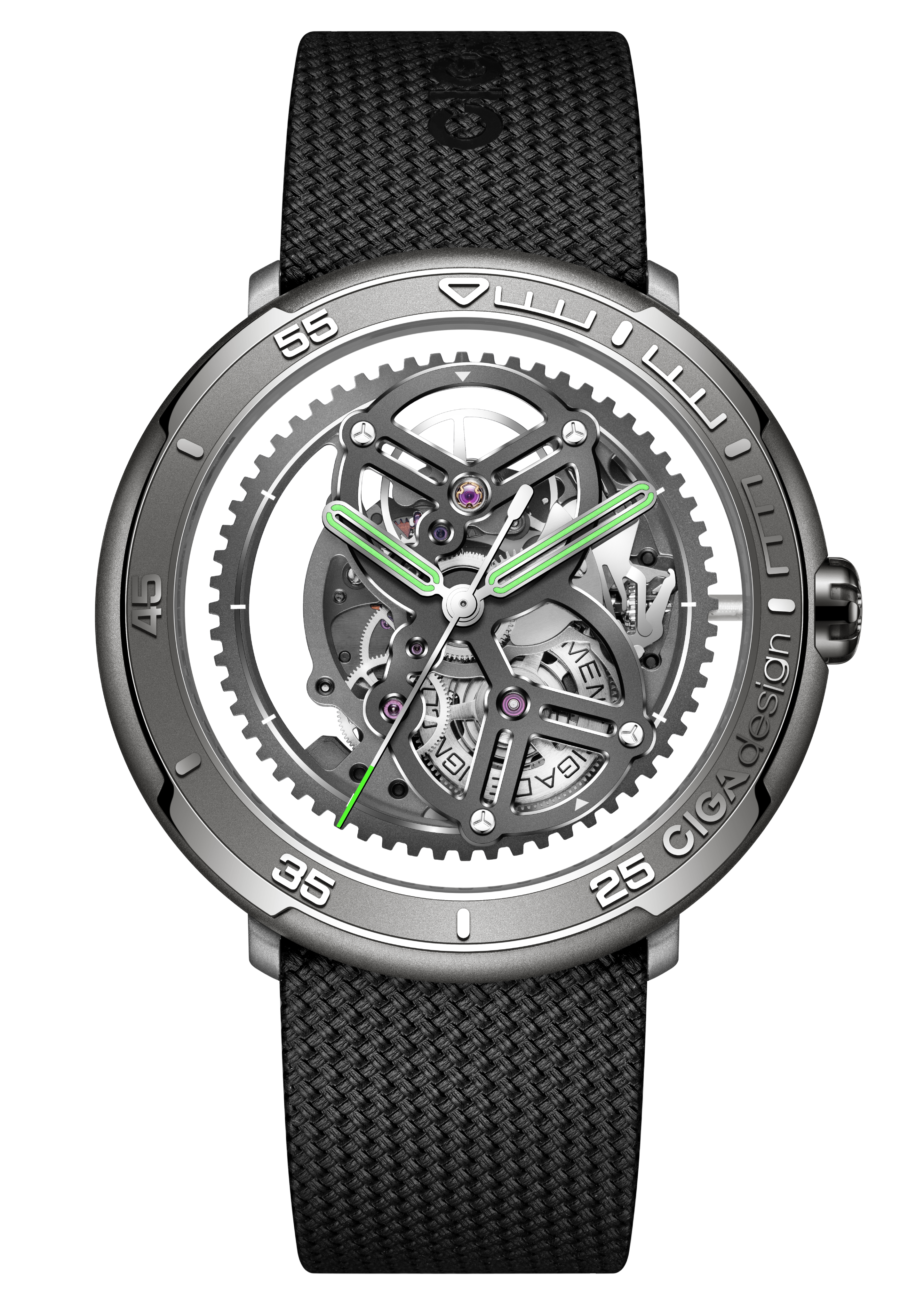 CIGA Design Vector Carbon Titanium Edition skeleton automatic watch front dial view featuring titanium case, exposed mechanical movement and black woven rubber strap