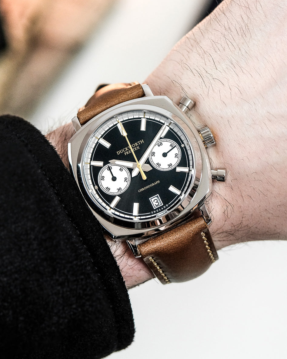 Duckworth Prestex Chronograph 42 Black Sunburst Tan Leather Watch D550-01-B Image 4