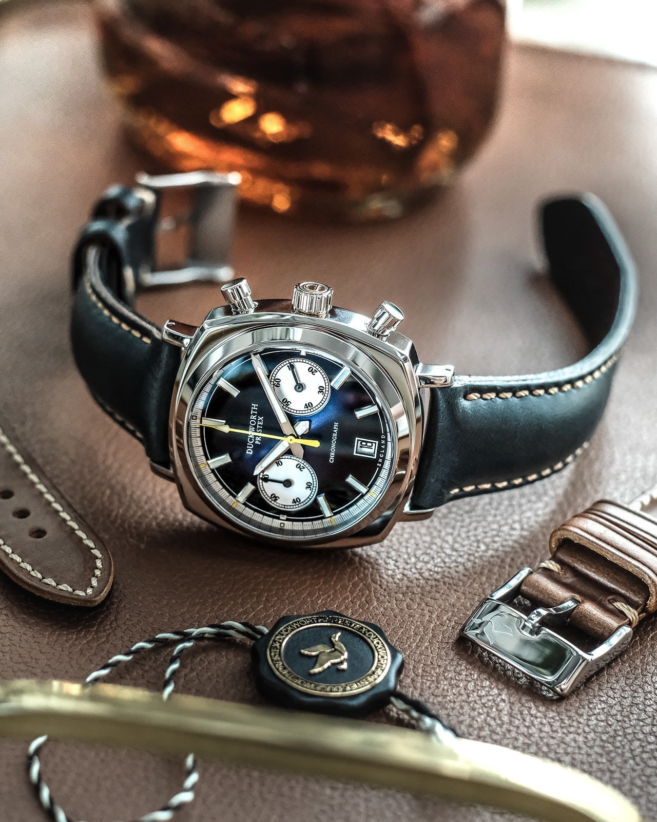 Duckworth Prestex Chronograph 42 Blue Sunburst Blue Leather Watch D550-03 Image 2