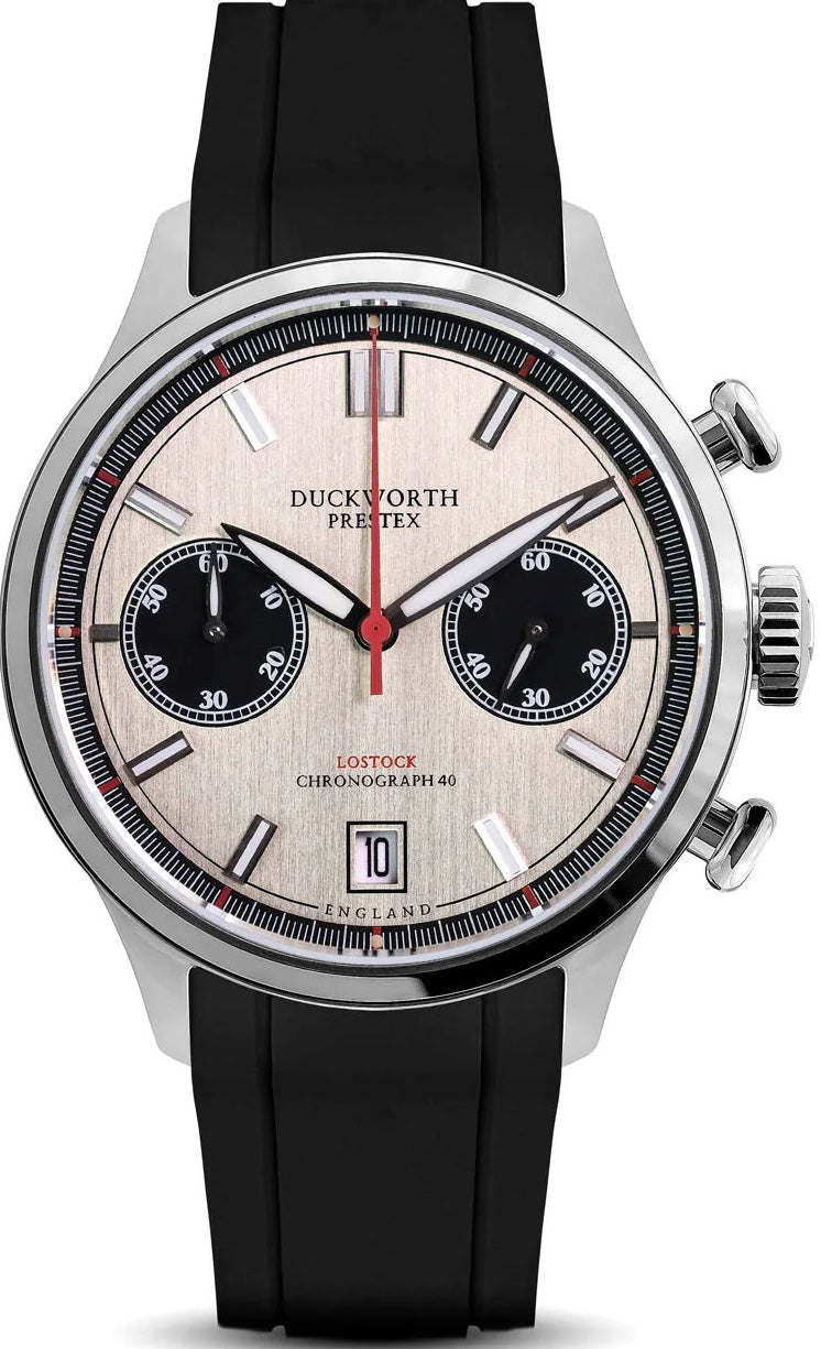 Duckworth Prestex Lostock Silver 40mm Quartz Chronograph Black Rubber Watch D547-11 AR Image 1