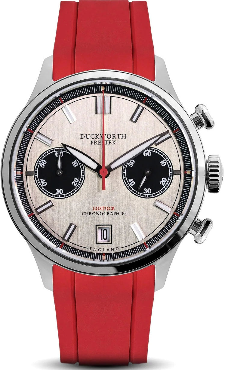 Duckworth Prestex Lostock Silver 40mm Quartz Chronograph Red Rubber Watch D547-11 RR Image 1