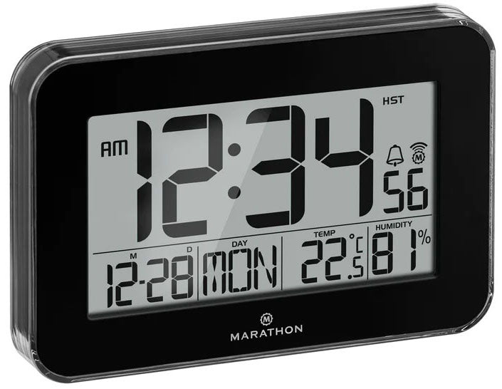 Marathon Clock Crystal Framed Atomic Wall Temperature & Humidty Black CL030060-BK-00-EU1 Image 1