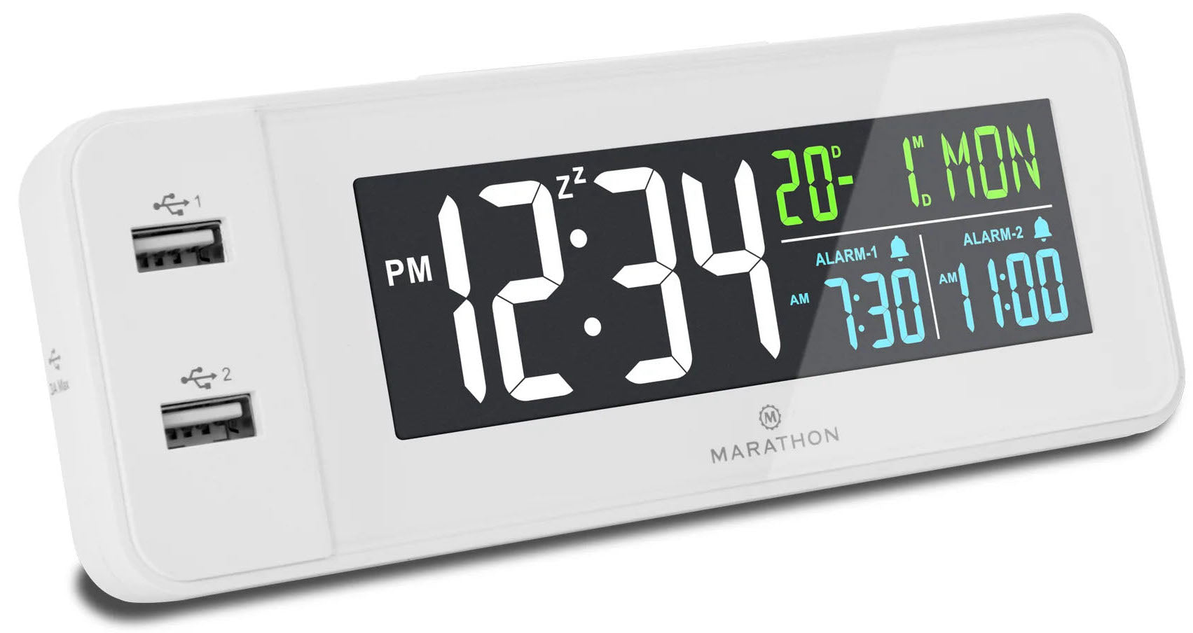 Marathon Clock LED Colour Display Dual USB Charging Alarm White CL030072-WH-00-NA Image 1