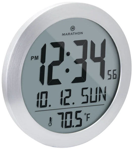 Marathon Clock Round Digital Wall Date and Temperature Stainless Steel CL030069-SS-00-EU1 Image 1