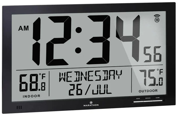 Marathon Clock Slim Atomic Full Calendar Indoor Outdoor Temperature Black CL030066-BK-FD-EU1 Image 1