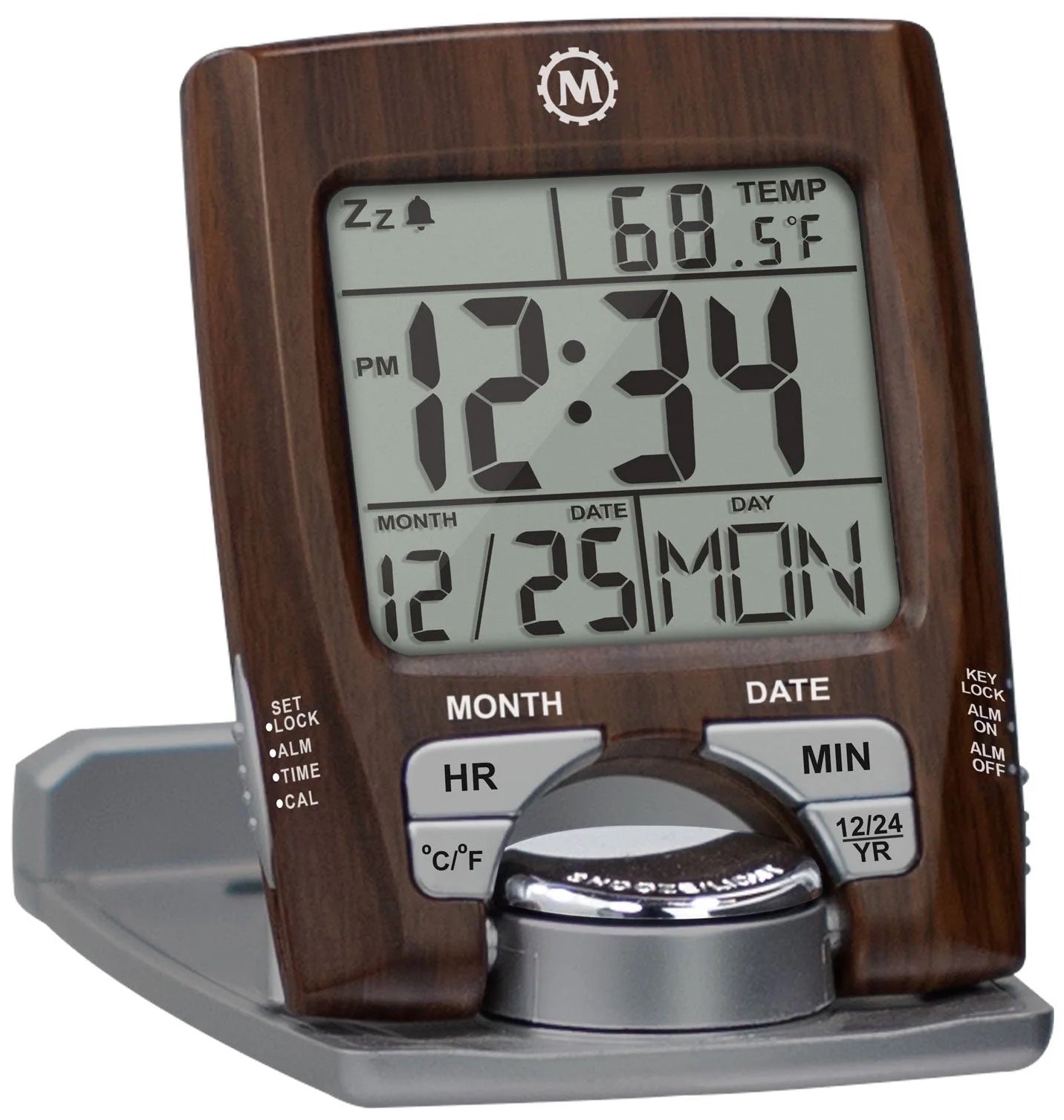 Marathon Clock Travel Alarm Calendar & Temperature Wood CL030023-WD-SV-NA Image 1