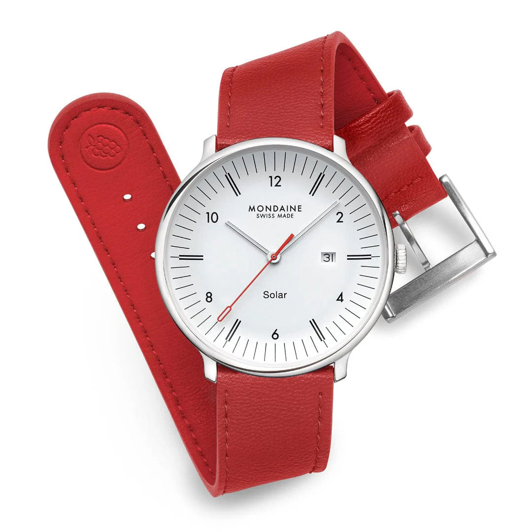 Mondaine Doppio 41mm Solar Red Vegan Apple Leather Watch MDN-517 Image 3
