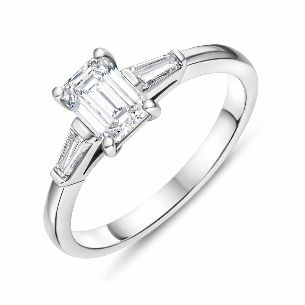 Platinum Diamond Emerald and Tapered Baguette Cut Three Stone Ring 18474 Image 1