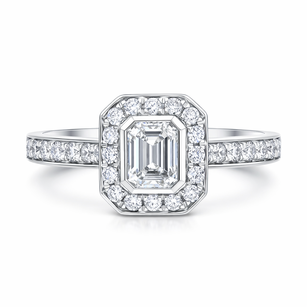 Platinum GIA Certified GVS2 0.59ct Diamond Emerald Cut Framed Cluster Ring DMN-2974 Image 2