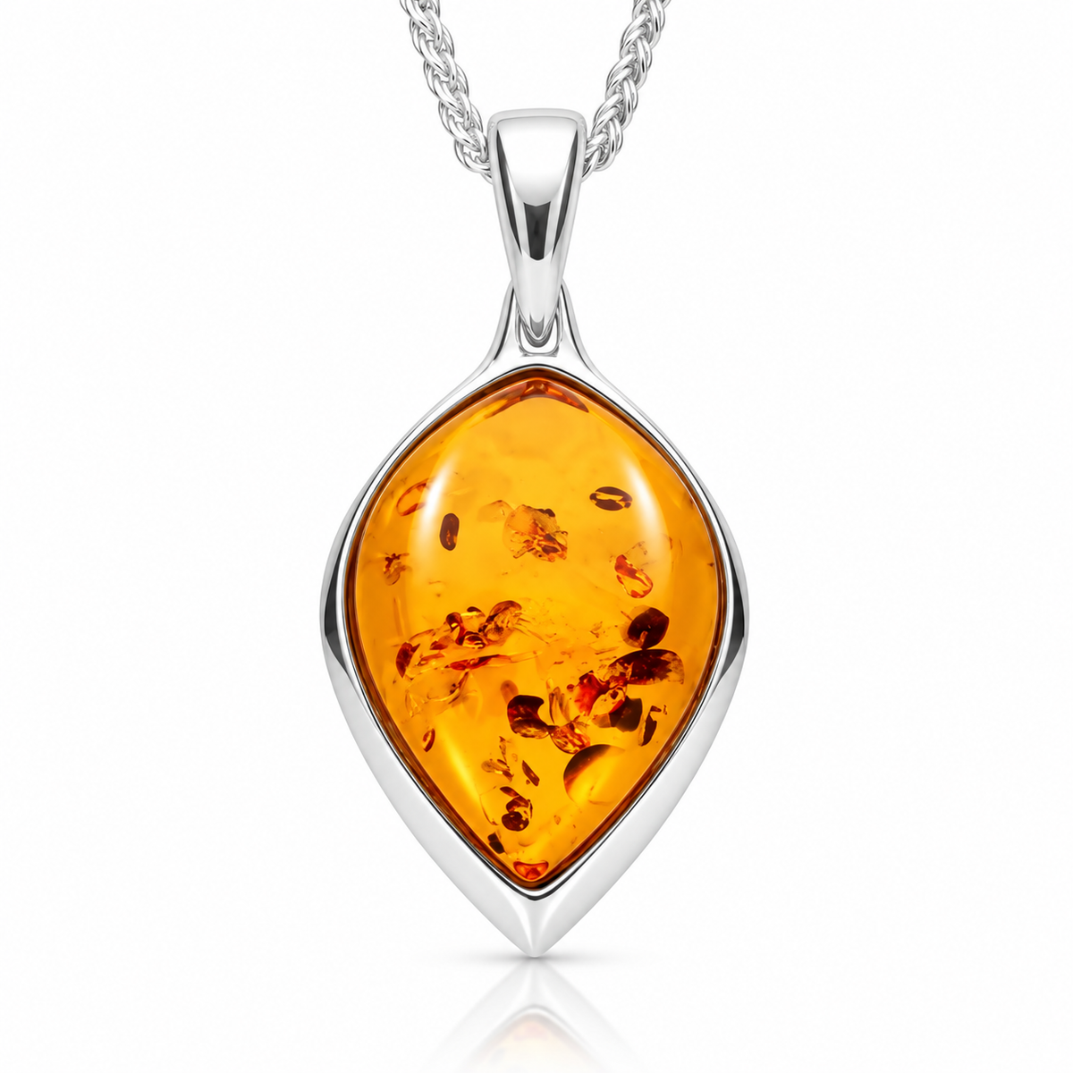 Sterling Silver Amber Wide Upside Down Pear Drop Necklace