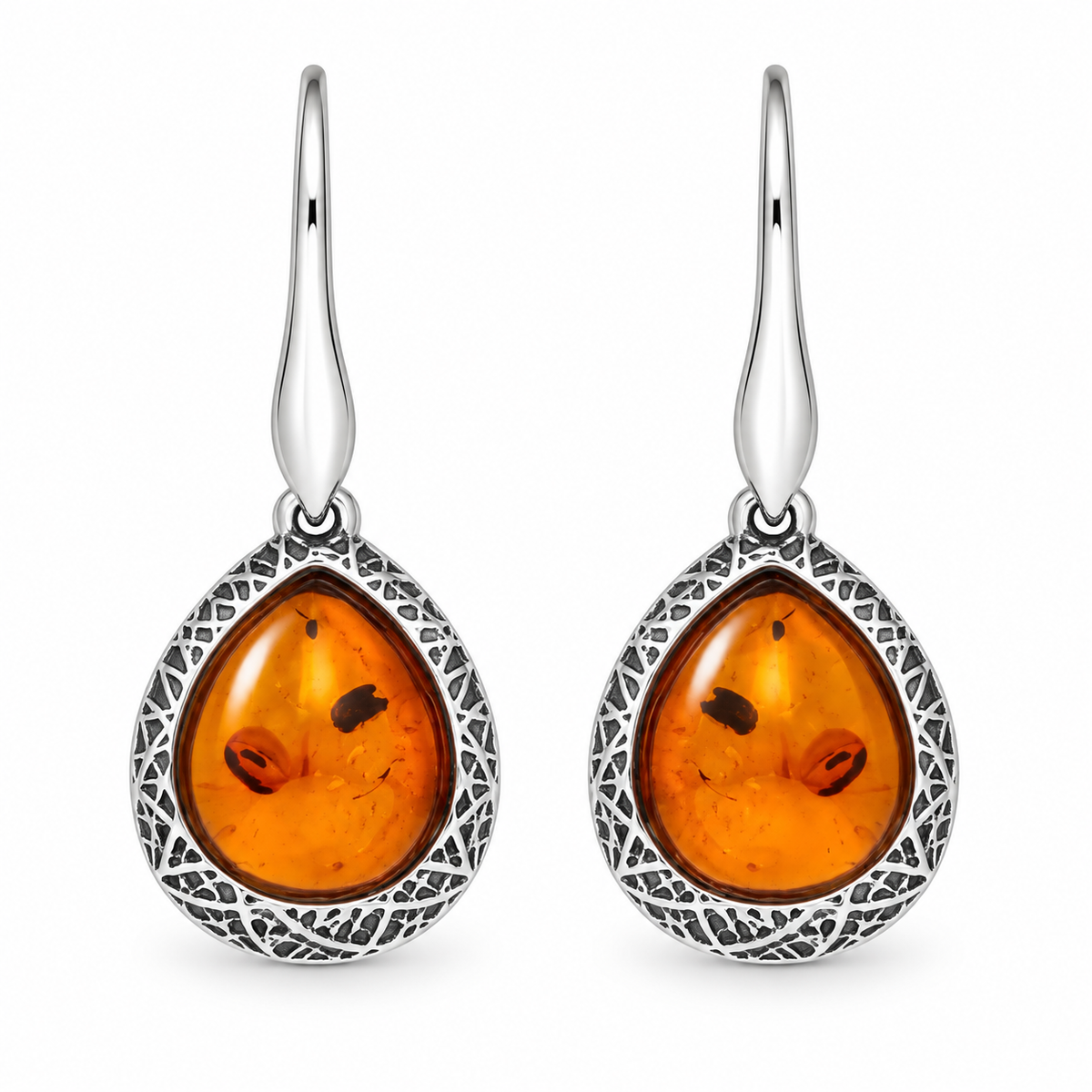 Sterling Silver Cognac Amber Basket Weave Edge Pear Hook Earrings