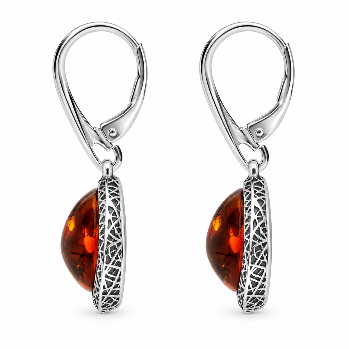 Sterling Silver Cognac Amber Basket Weave Edge Pear Hook Earrings – Image