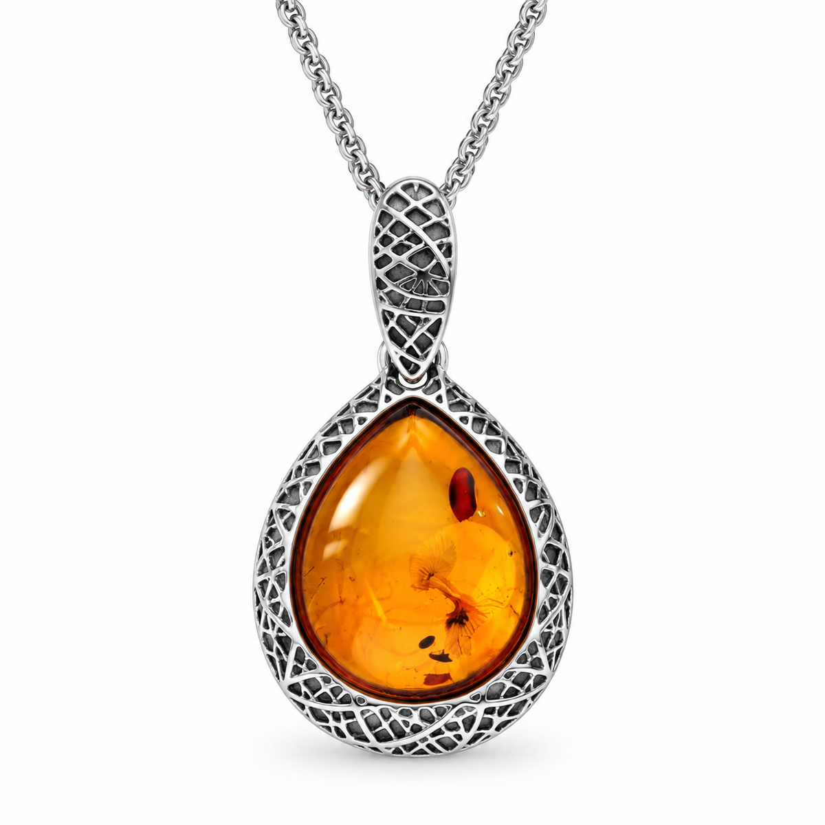 Sterling Silver Cognac Amber Basket Weave Edge Pear Necklace