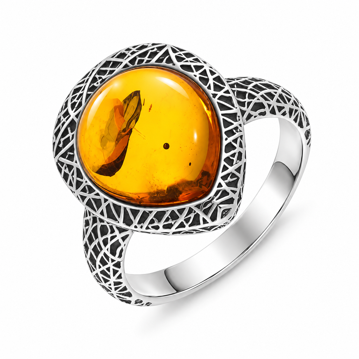 Sterling Silver Cognac Amber Basket Weave Edge Pear Ring