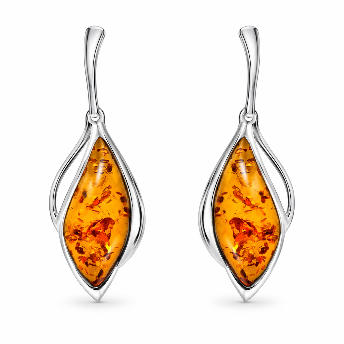Sterling Silver Orange Amber Open Marquise Drop Earrings