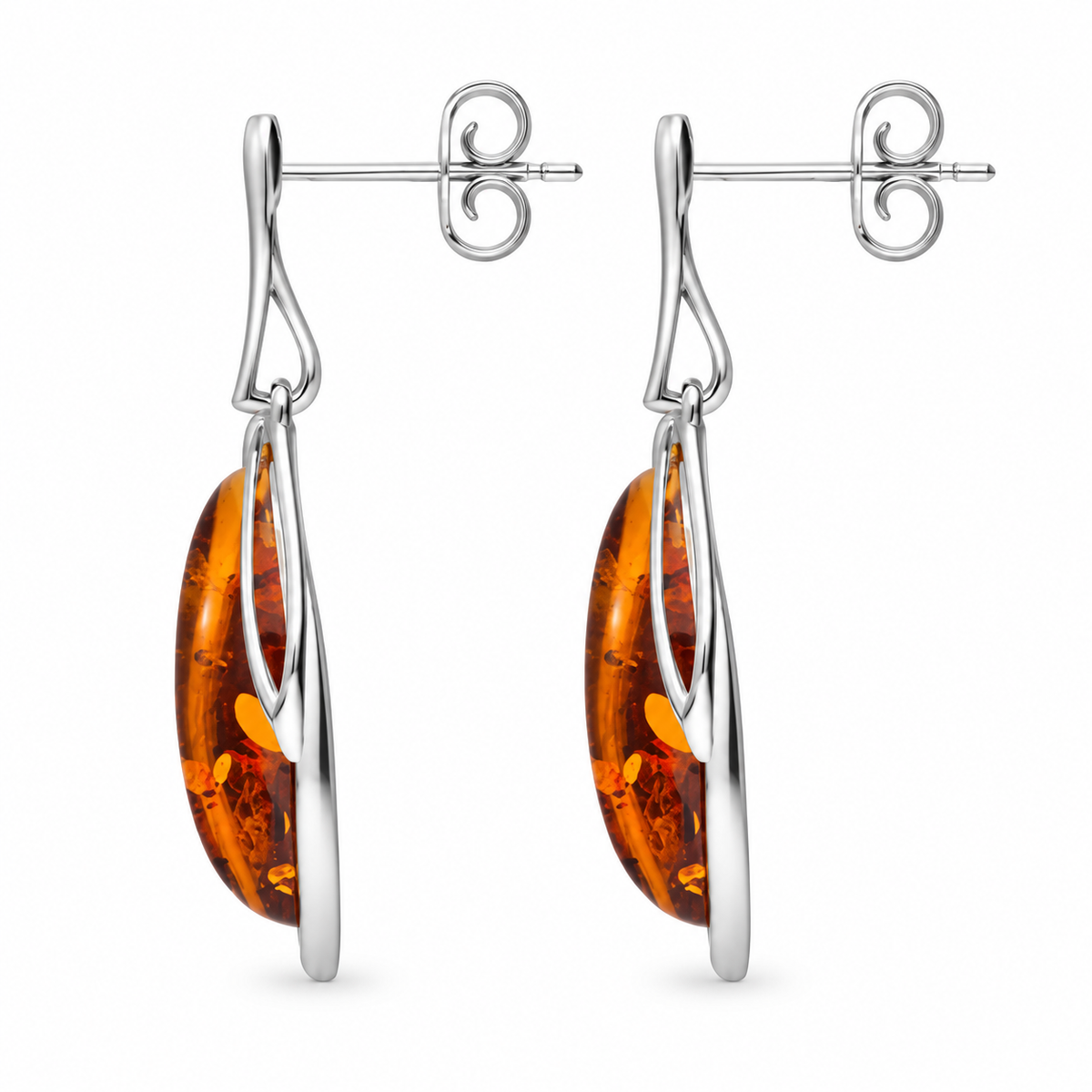 Sterling Silver Orange Amber Open Marquise Drop Earrings – Image 2