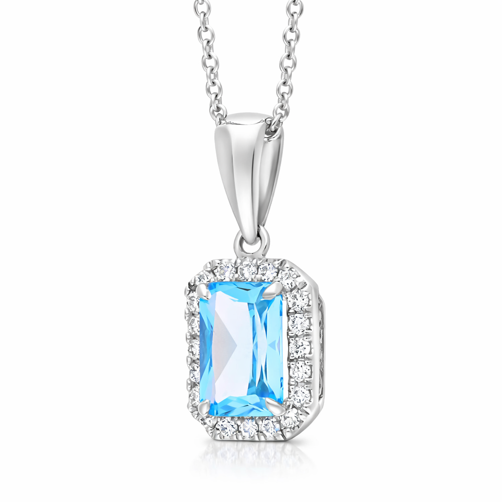 Tivon 18ct White Gold Blue Topaz Diamond Cluster Emerald Cut Necklace PW-0882-BT Image 2