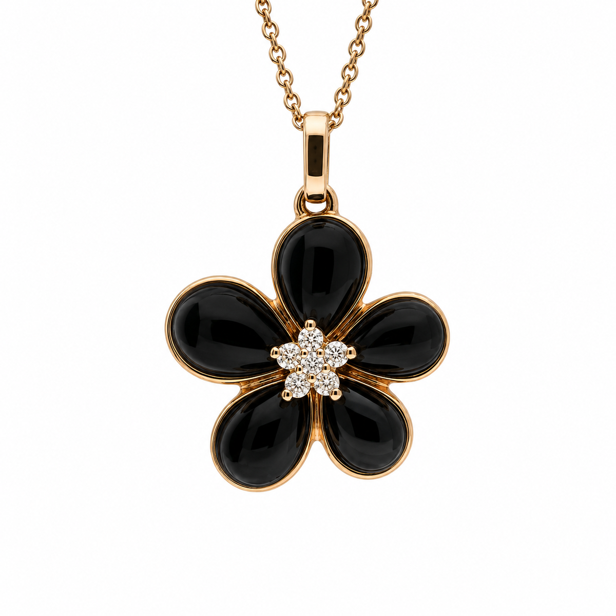 18ct Rose Gold Whitby Jet & 0.025ct Diamond Small Flower Pendant