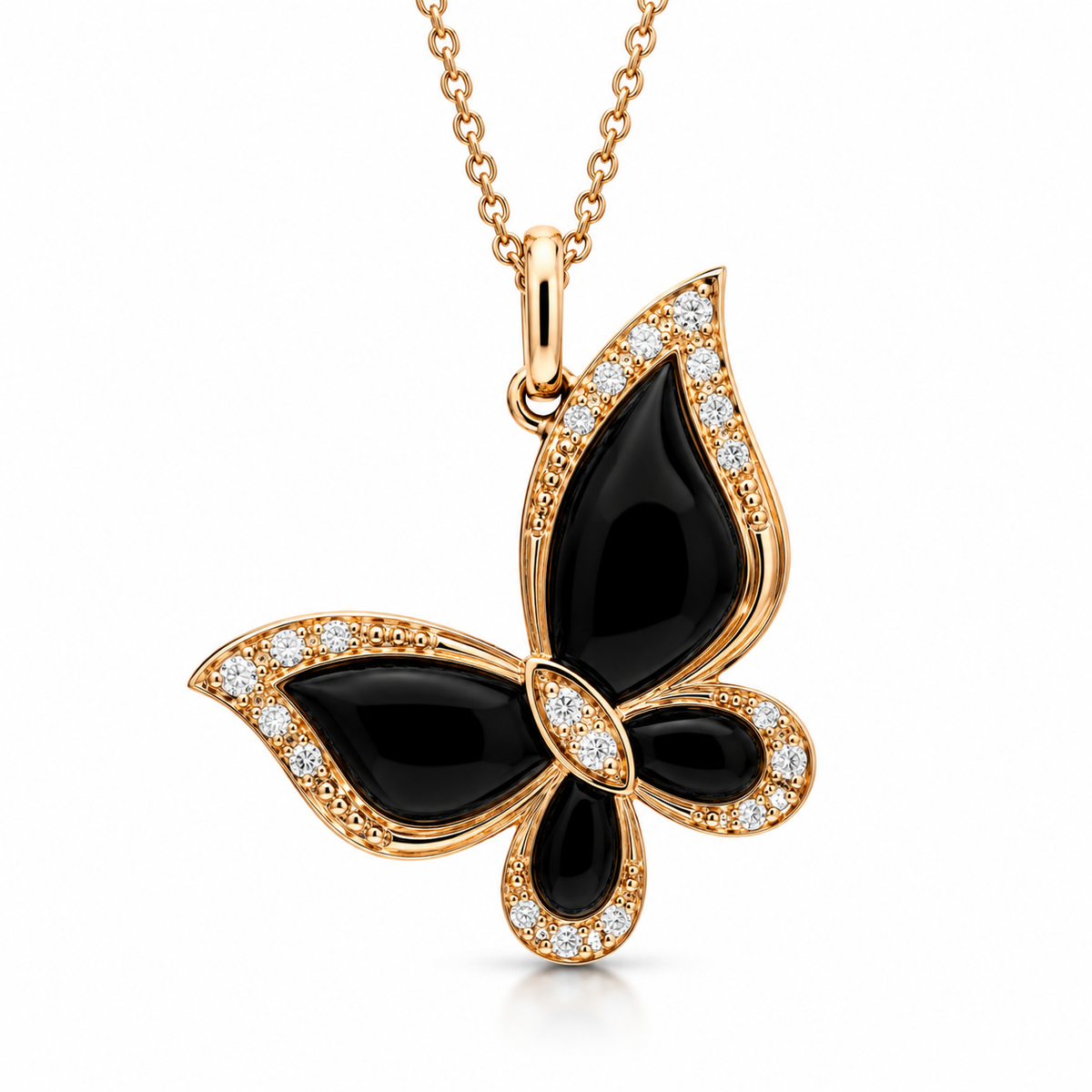 18ct Rose Gold Whitby Jet & 0.08ct Diamond Butterfly Necklace
