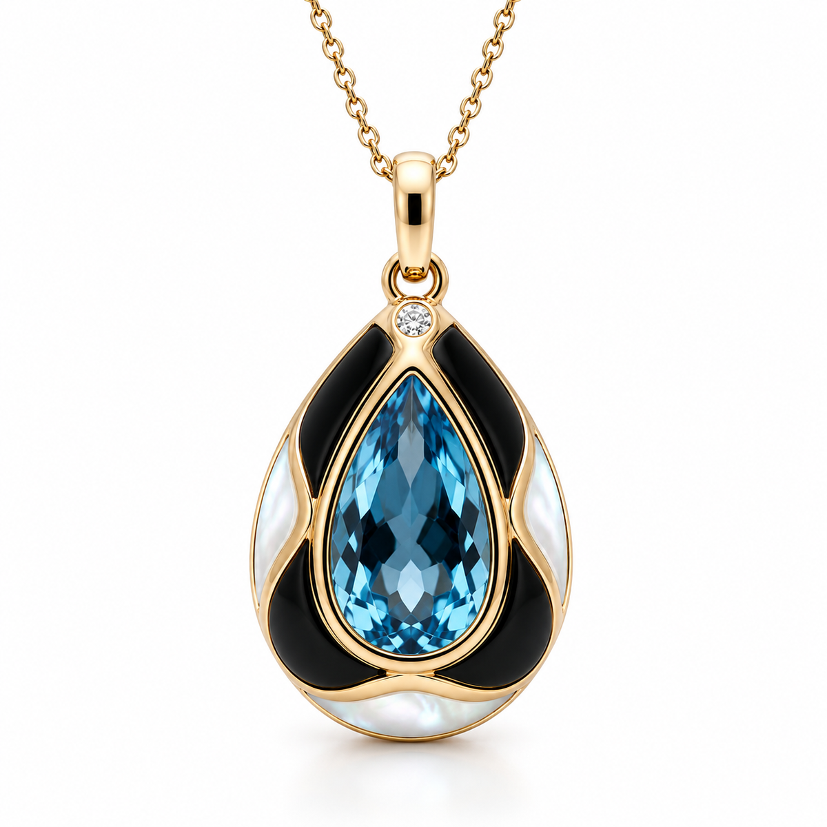 18ct Rose Gold Whitby Jet, Blue Topaz & Diamond Pear Necklace