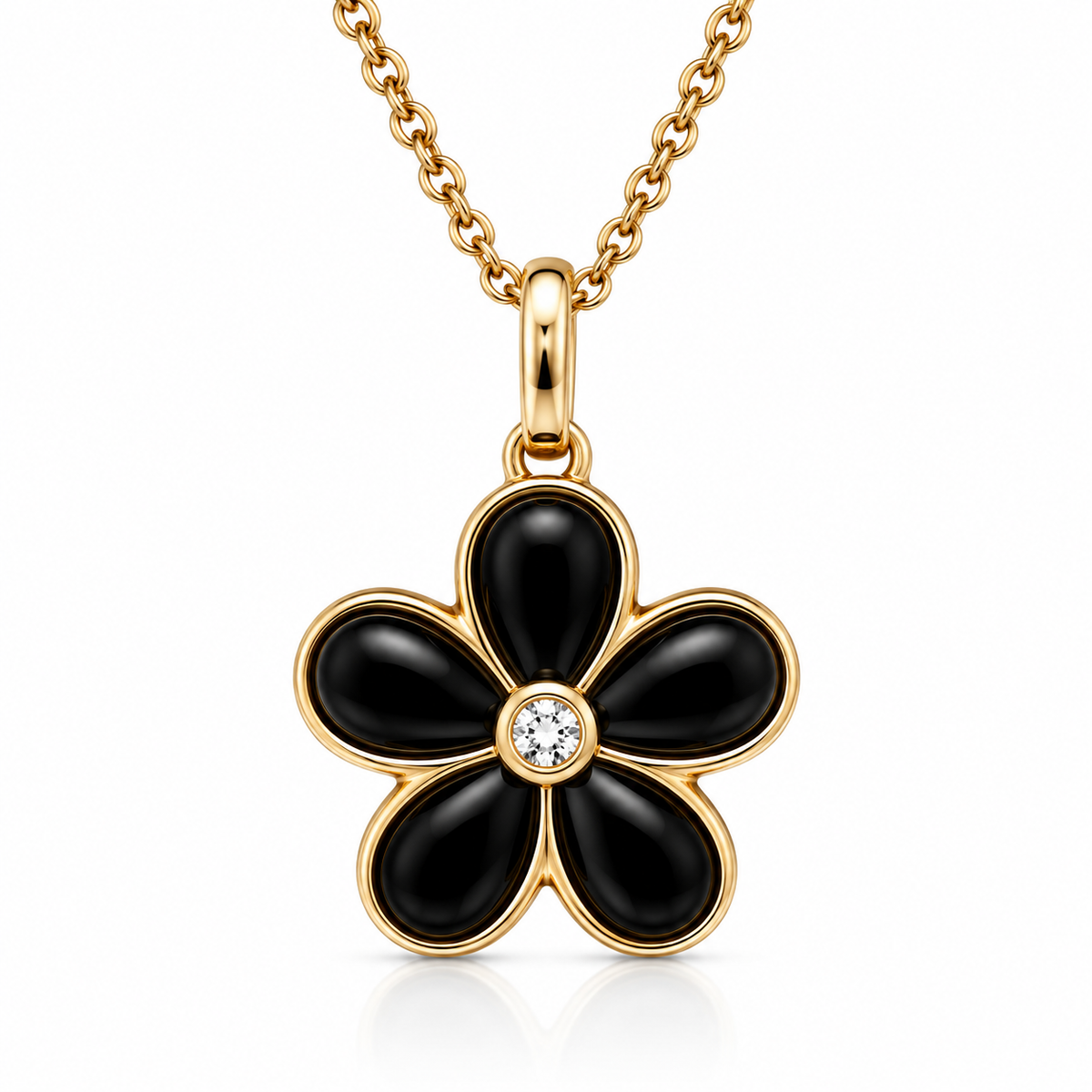 18ct Rose Gold Whitby Jet & Diamond Flower Necklace