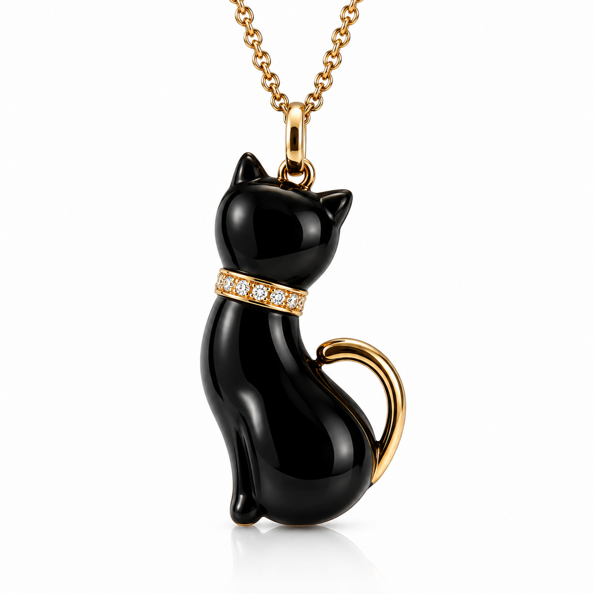 18ct Rose Gold Whitby Jet & Diamond Large Cat with Tail Necklace