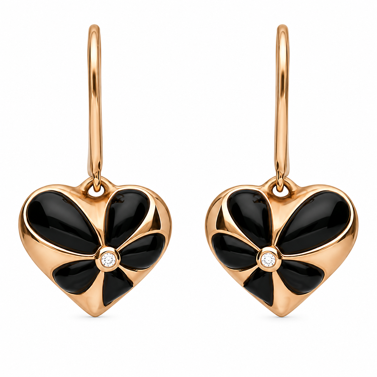 18ct Rose Gold Whitby Jet & Diamond Large Flower Heart Two-Piece Jewellery Set - Image 3