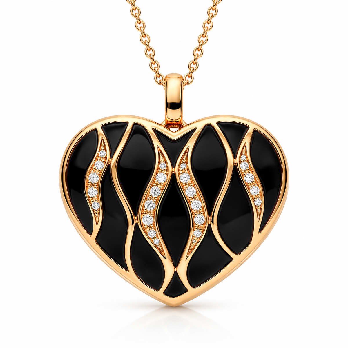 18ct Rose Gold Whitby Jet & Diamond Wavy Heart Necklace
