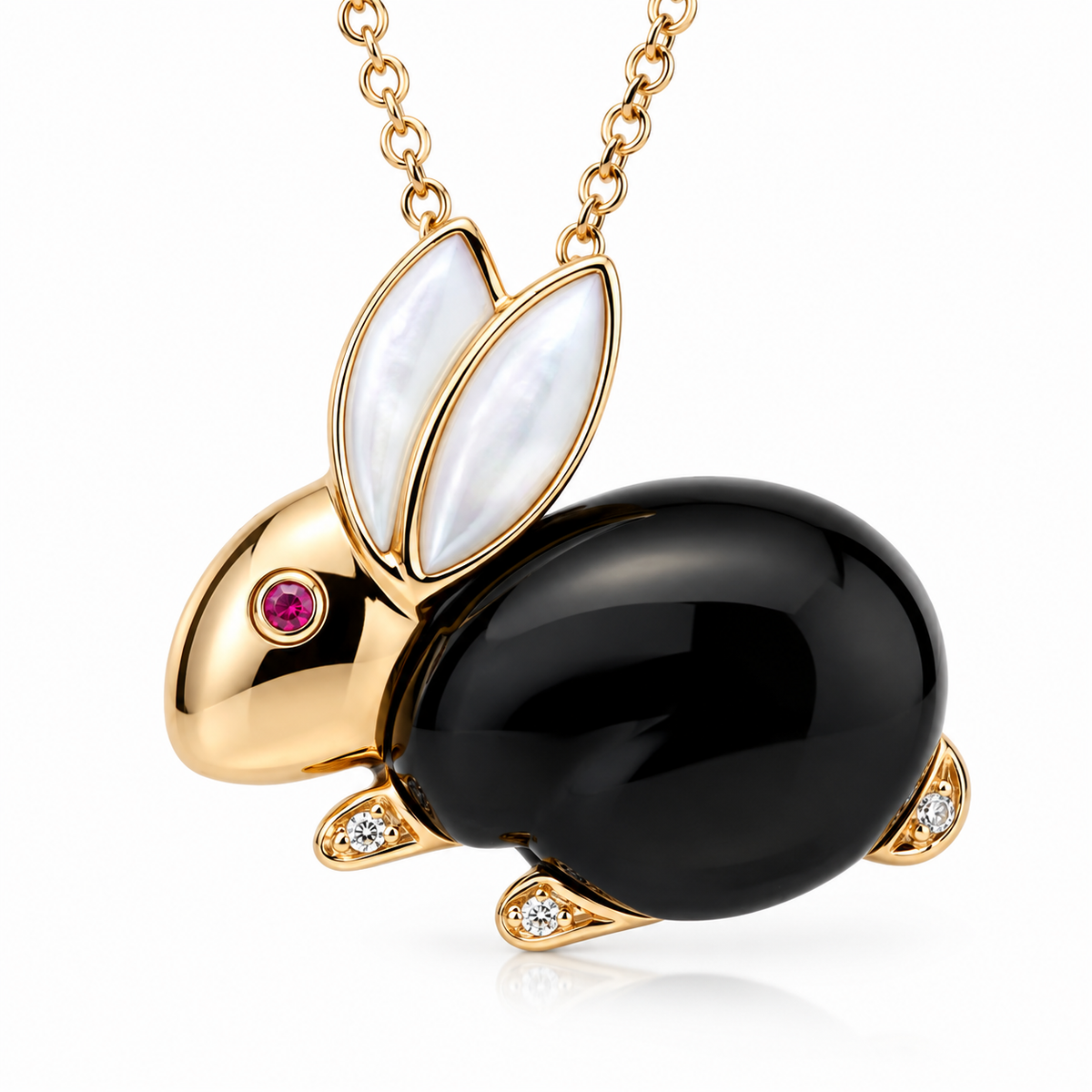 18ct Rose Gold Whitby Jet, Mother of Pearl, Ruby & Diamond Rabbit Necklace