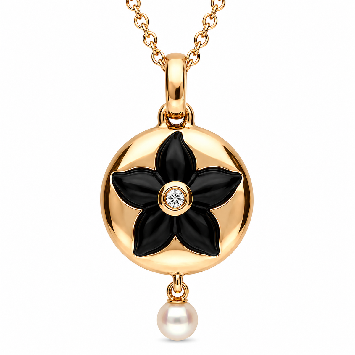 18ct Rose Gold Whitby Jet, Pearl & Diamond Flower-in-Circle Two-Piece Jewellery Set - Image 2