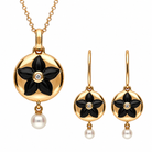 18ct Rose Gold Whitby Jet, Pearl & Diamond Flower-in-Circle Two-Piece Jewellery Set