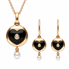 18ct Rose Gold Whitby Jet, Pearl & Diamond Heart-in-Circle Two-Piece Jewellery Set