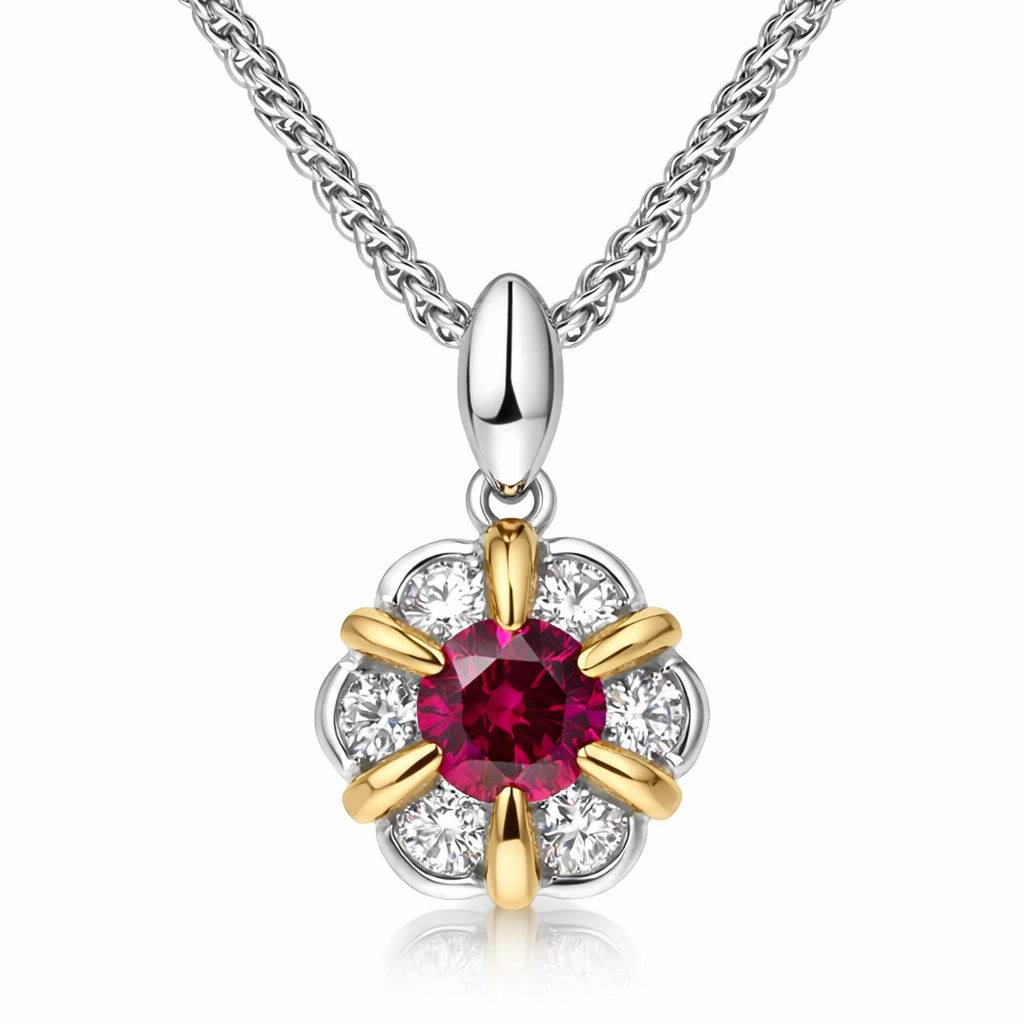 18ct White and Rose Gold Ruby Diamond Flower Cluster Necklace A1949 Image 1