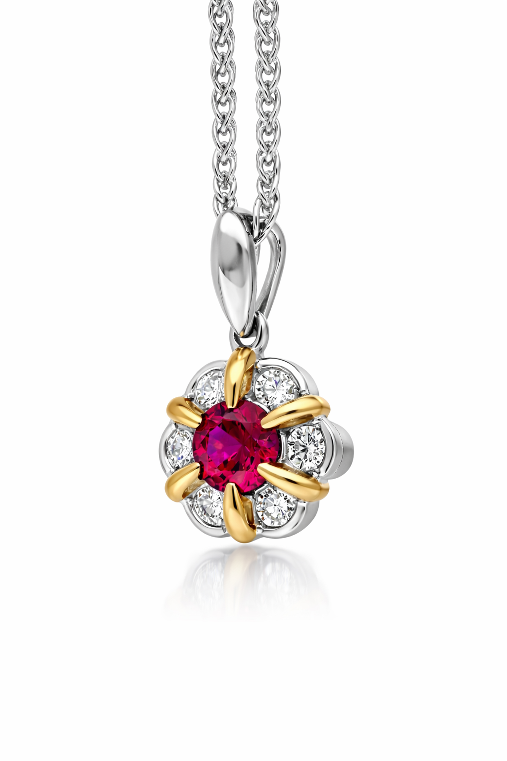 18ct White and Rose Gold Ruby Diamond Flower Cluster Necklace A1949 Image 2