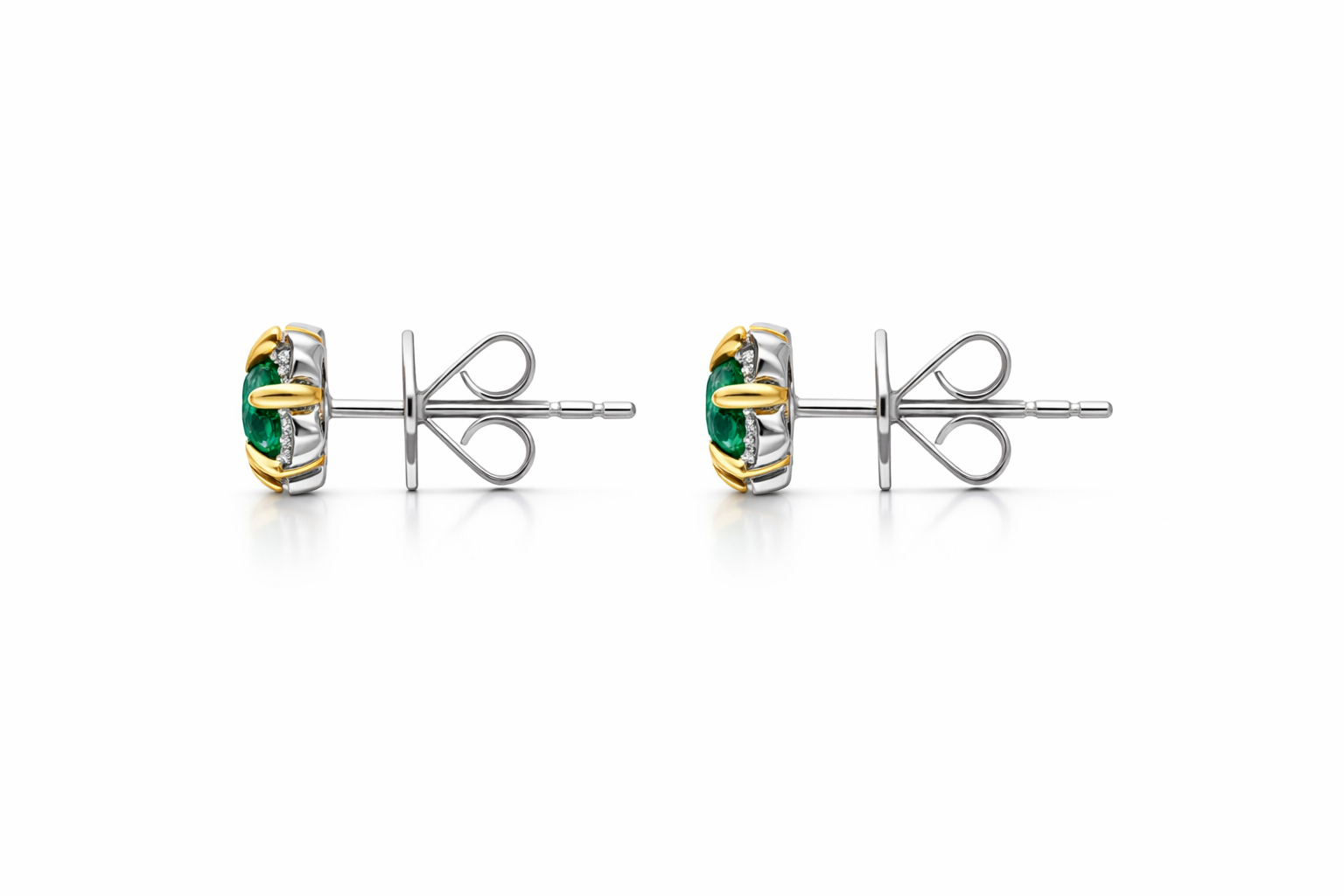 18ct White and Yellow Gold Emerald Diamond Flower Cluster Stud Earrings D882 Image 3
