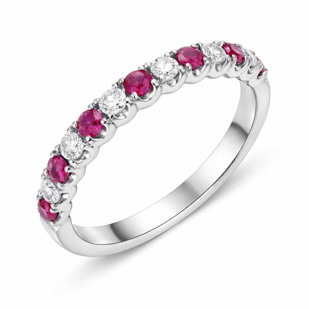 18ct White Gold 0.20ct Ruby 0.14ct 15 Stone Diamond Castle Set Eternity Ring G1257 Image 1