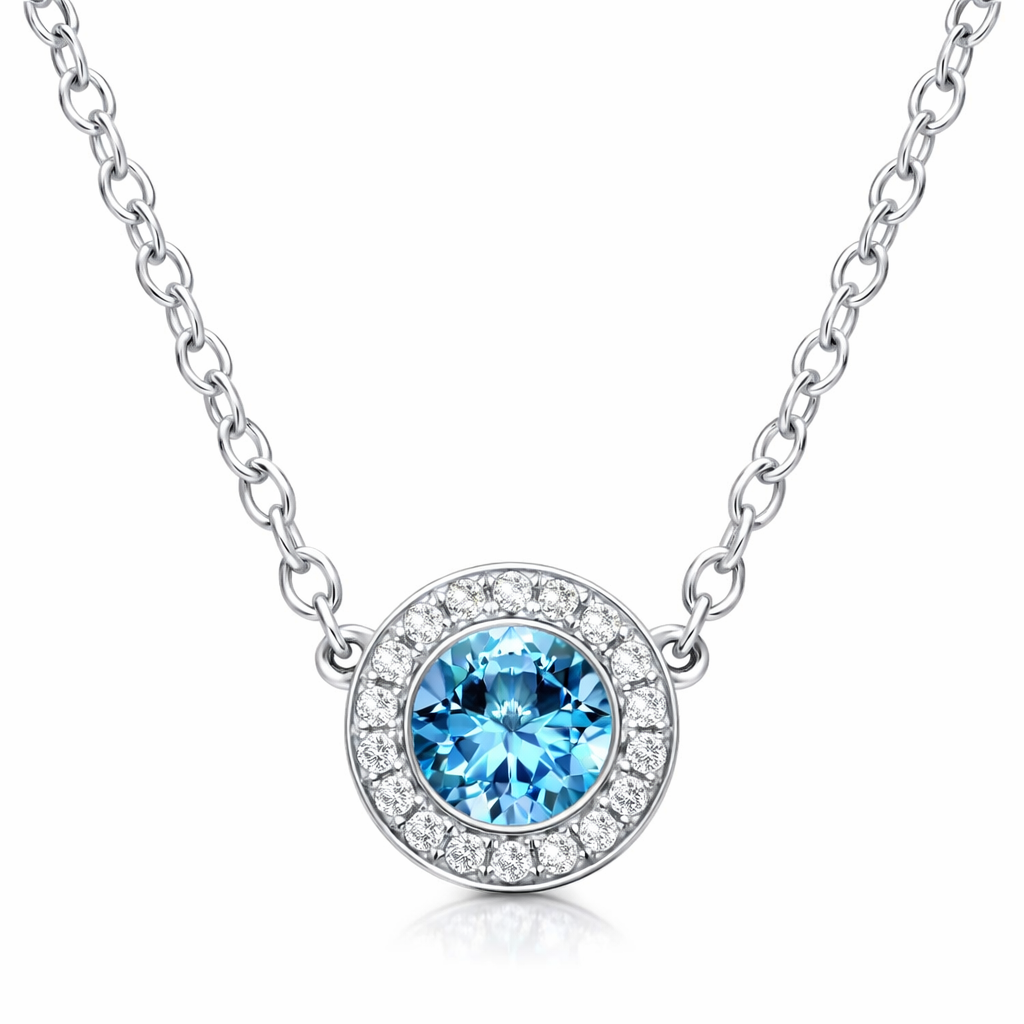 18ct White Gold 0.25ct Aquamarine Diamond Halo Necklace DMN-2035 Image 1