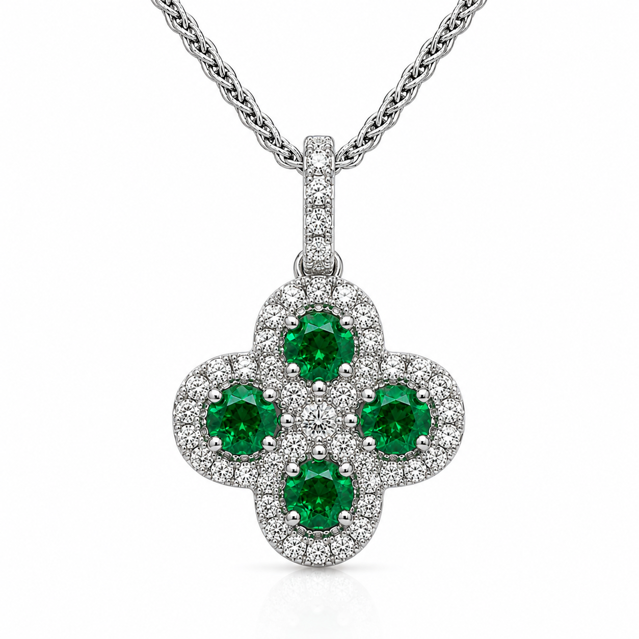 18ct White Gold 0.34ct Round Emerald & 0.26ct Diamond Clover Cluster Pendant & Chain DMN-5001 Image 1
