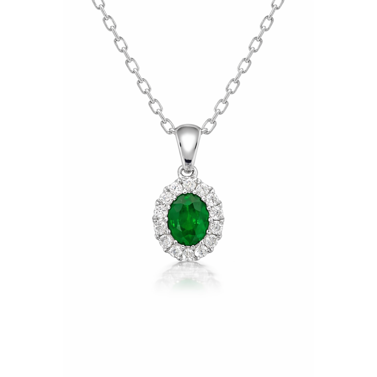 18ct White Gold 0.41ct Emerald and Diamond Oval Necklace DMN-1241 Image 1