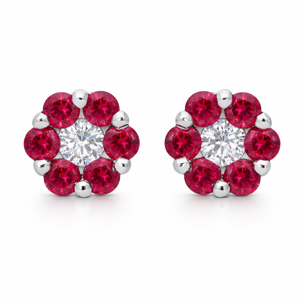 18ct White Gold 0.41ct Ruby Diamond Floral Cluster Earrings 36846V16 Image 1