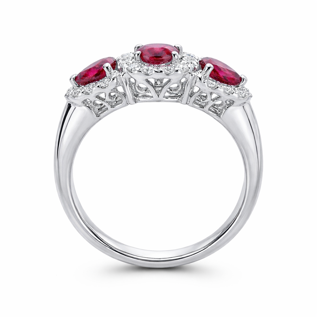 18ct White Gold 0.55ct Ruby Diamond Cluster Trilogy Ring DMN-1502 Image 2