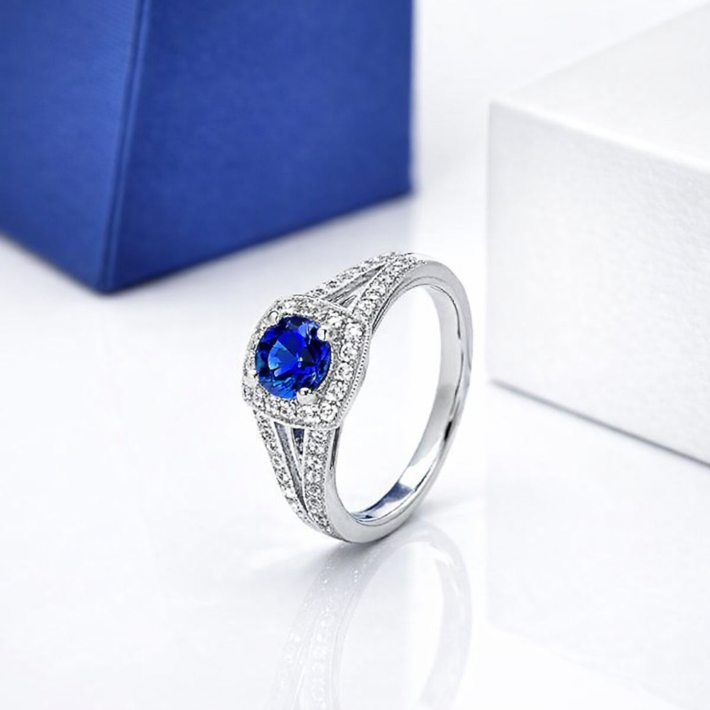 18ct White Gold 0.57ct Sapphire Diamond Milgrain Cluster Ring DMN-1752 Image 3